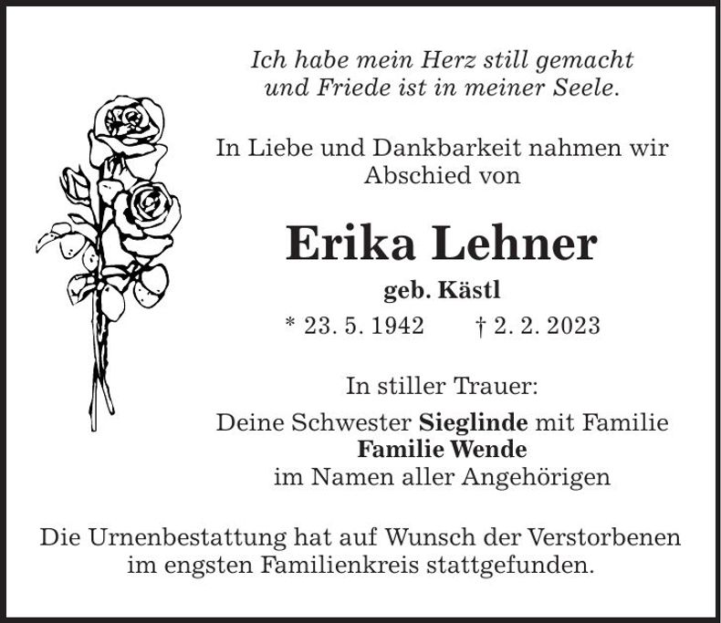 Traueranzeige Erika Lehner