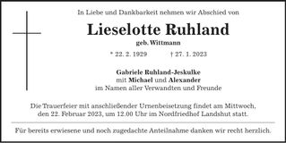 Traueranzeige Lieselotte Ruhland