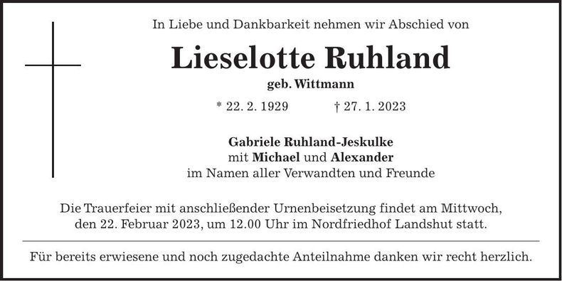 Traueranzeige Lieselotte Ruhland