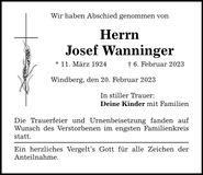 Traueranzeige Josef Wanninger