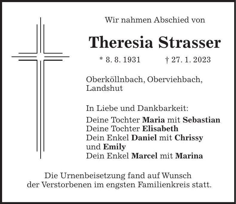 Traueranzeige Theresia Strasser