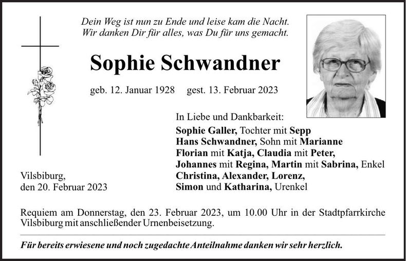 Traueranzeige Sophie Schwandner