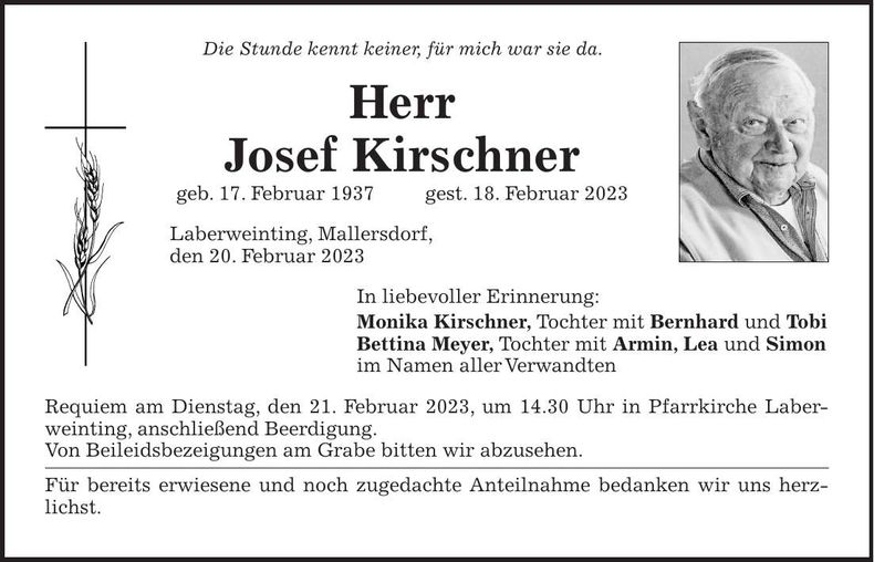 Traueranzeige Josef Kirschner