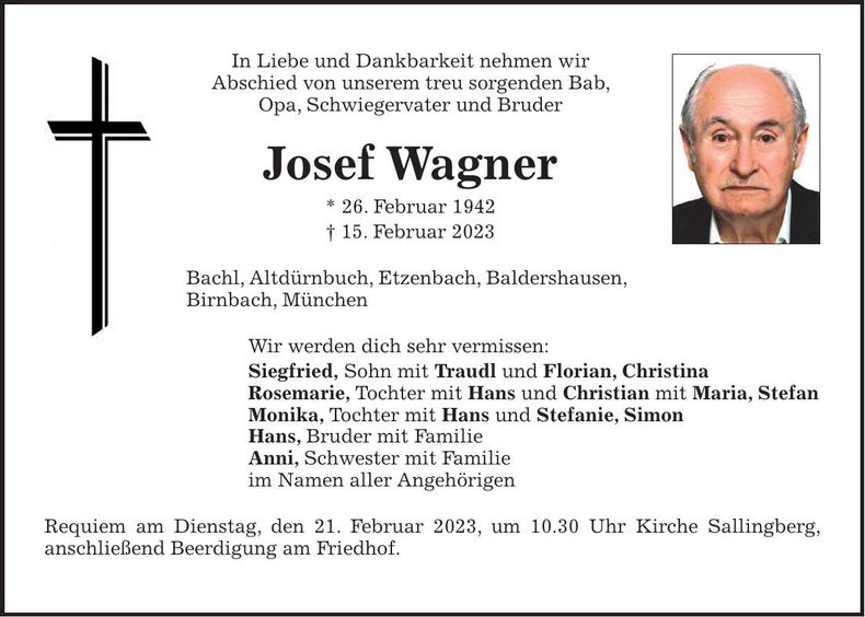 Traueranzeige Josef Wagner