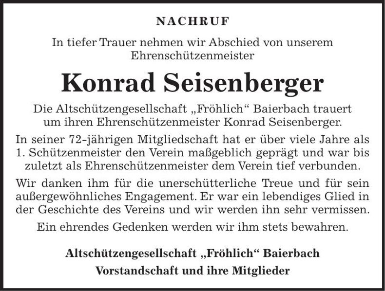 Traueranzeige Konrad Seisenberger