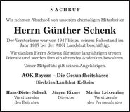 Traueranzeige Günther Schenk