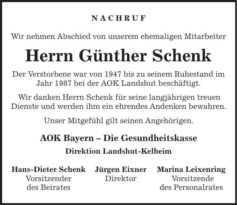 Traueranzeige Günther Schenk