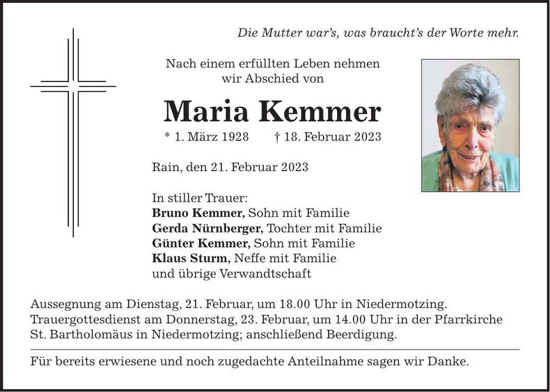 Traueranzeige Maria Kemmer
