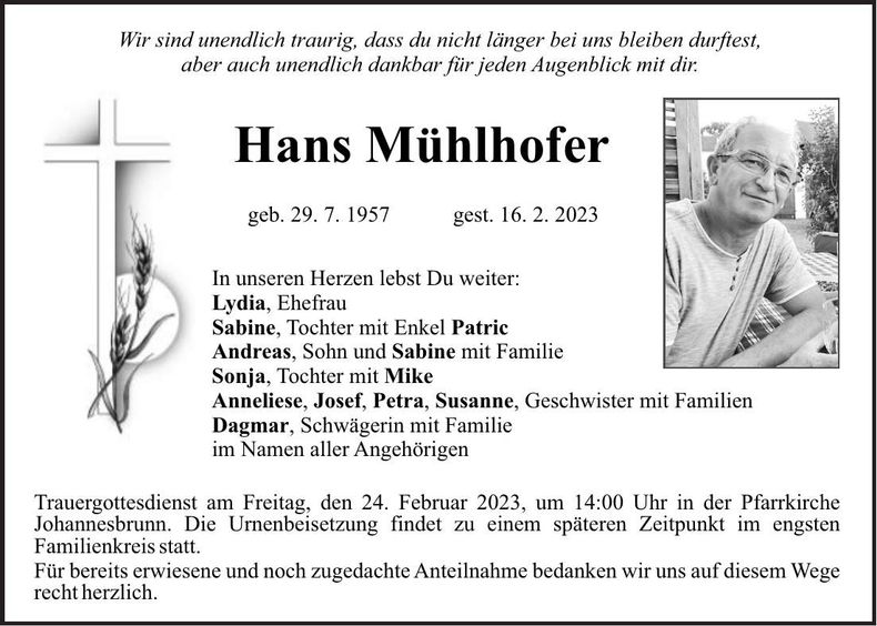 Traueranzeige Hans Mühlhofer
