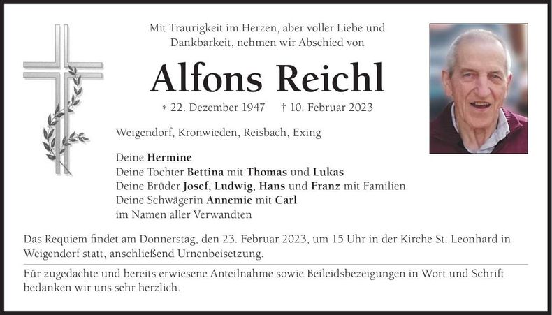 Traueranzeige Alfons Reichl