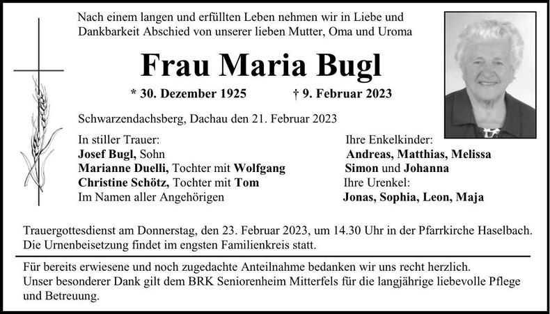 Traueranzeige Maria Bugl