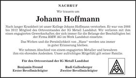 Traueranzeige Johann Hoffmann