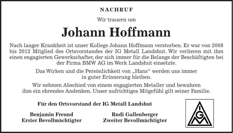 Traueranzeige Johann Hoffmann