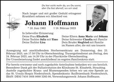 Traueranzeige Johann Hoffmann
