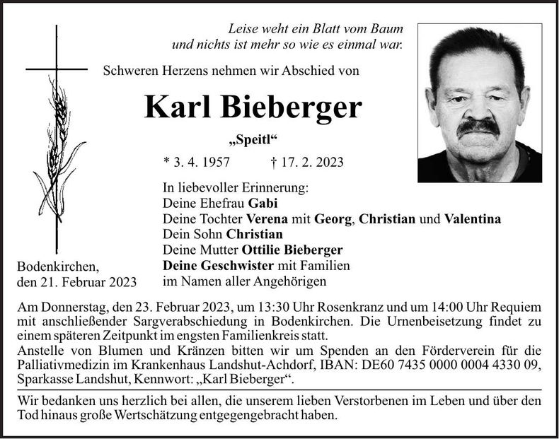 Traueranzeige Karl Bieberger