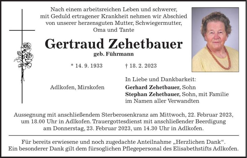 Traueranzeige Gertraud Zehetbauer