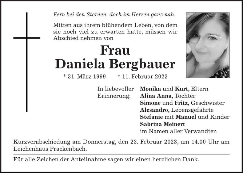 Traueranzeige Daniela Bergbauer