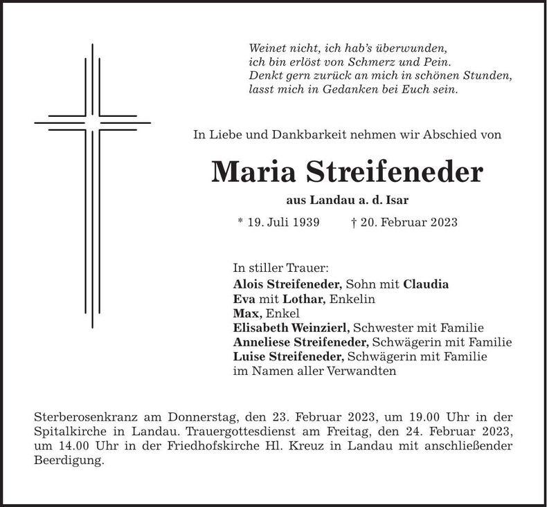 Traueranzeige Maria Streifeneder