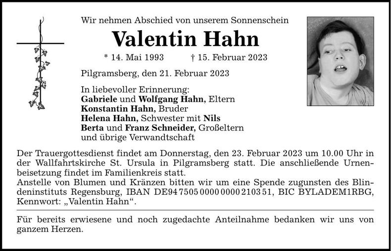 Traueranzeige Valentin Hahn