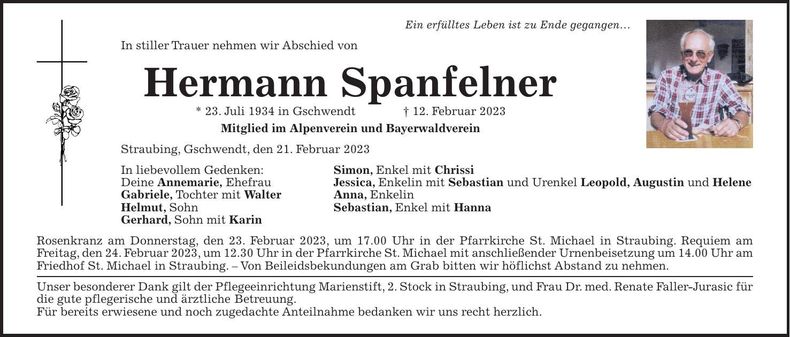 Traueranzeige Hermann Spanfelner