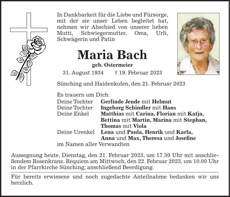 Traueranzeige Maria Bach