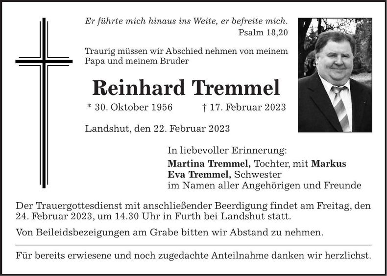 Traueranzeige Reinhard Tremmel
