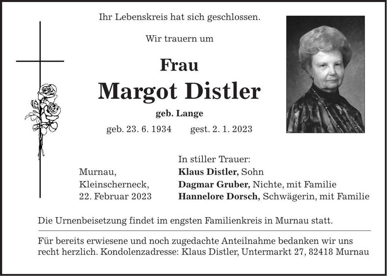 Traueranzeige Margot Distler