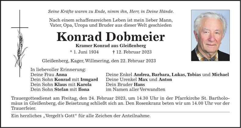 Traueranzeige Konrad Dobmeier