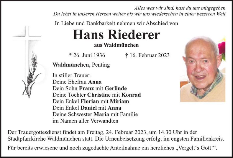 Traueranzeige Hans Riederer