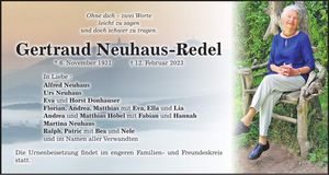 Traueranzeige Gertraud Neuhaus- Redel
