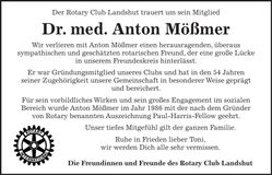 Traueranzeige Dr. med. Anton Mößmer