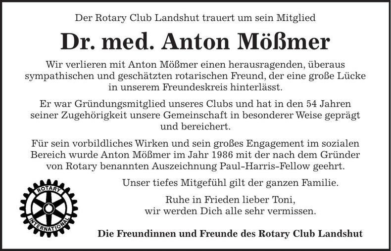 Traueranzeige Dr. med. Anton Mößmer