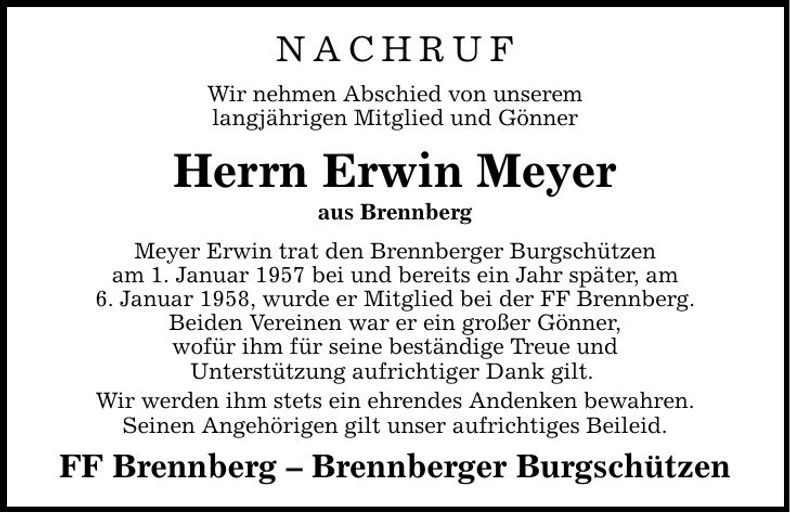 Traueranzeige Erwin Meyer