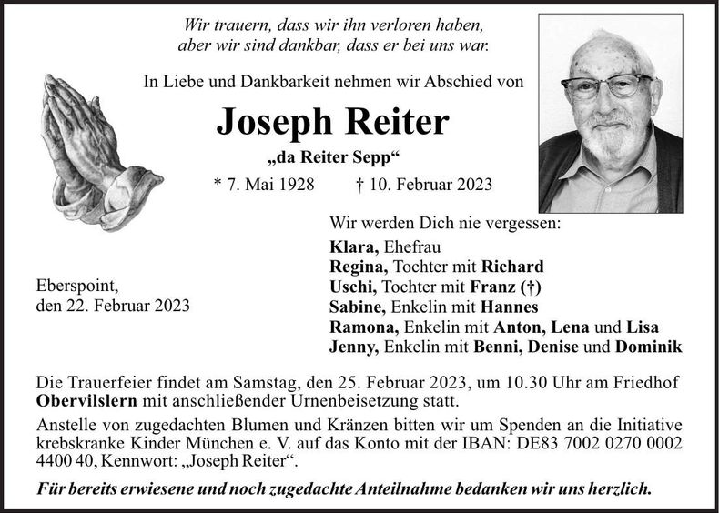 Traueranzeige Joseph Reiter