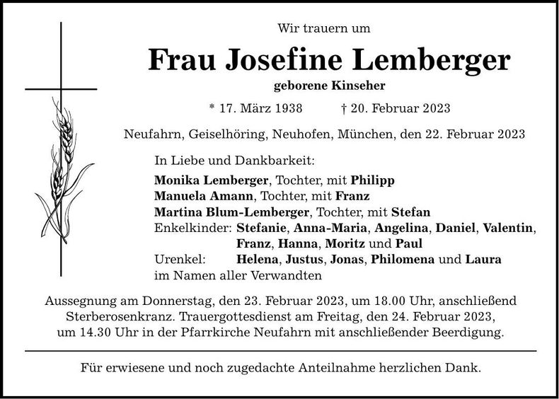 Traueranzeige Josefine Lemberger