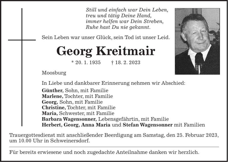 Traueranzeige Georg Kreitmair