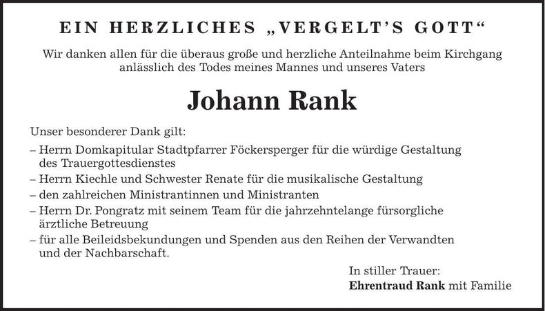 Traueranzeige Johann Rank