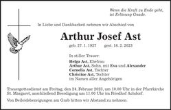 Traueranzeige Arthur Josef Ast