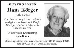Traueranzeige Hans Körger