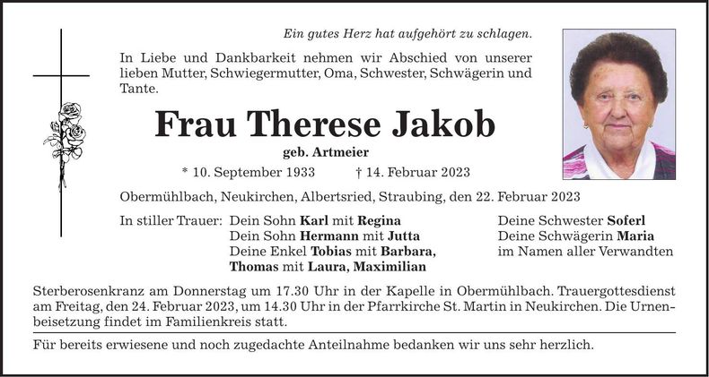 Traueranzeige Therese Jakob