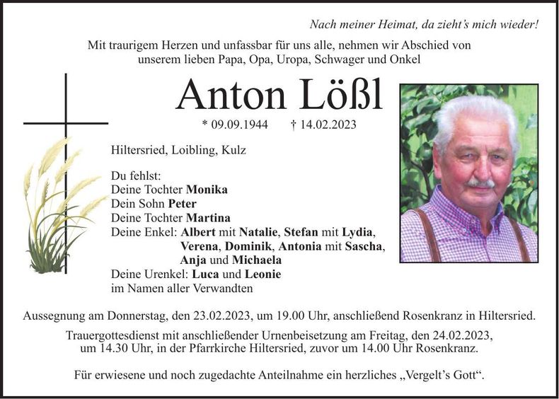 Traueranzeige Anton Lößl