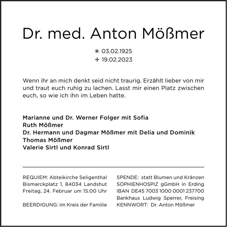 Traueranzeige Anton Mößmer