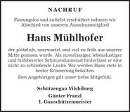 Traueranzeige Hans Mühlhofer