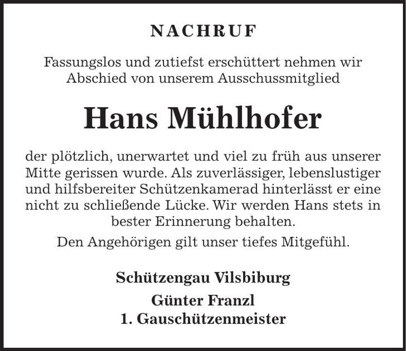 Traueranzeige Hans Mühlhofer