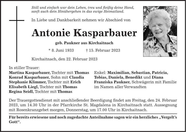 Traueranzeige Antonie Kasparbauer