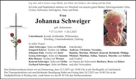 Traueranzeige Johanna Schweiger