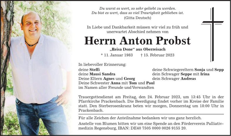 Traueranzeige Anton Probst