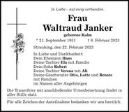 Traueranzeige Waltraud Janker