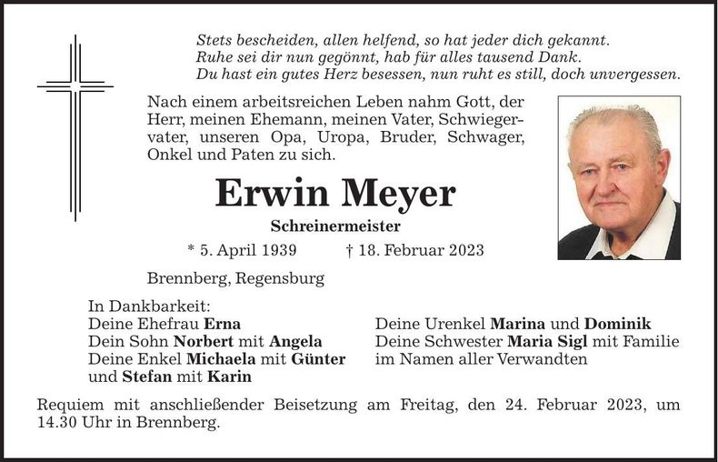 Traueranzeige Erwin Meyer