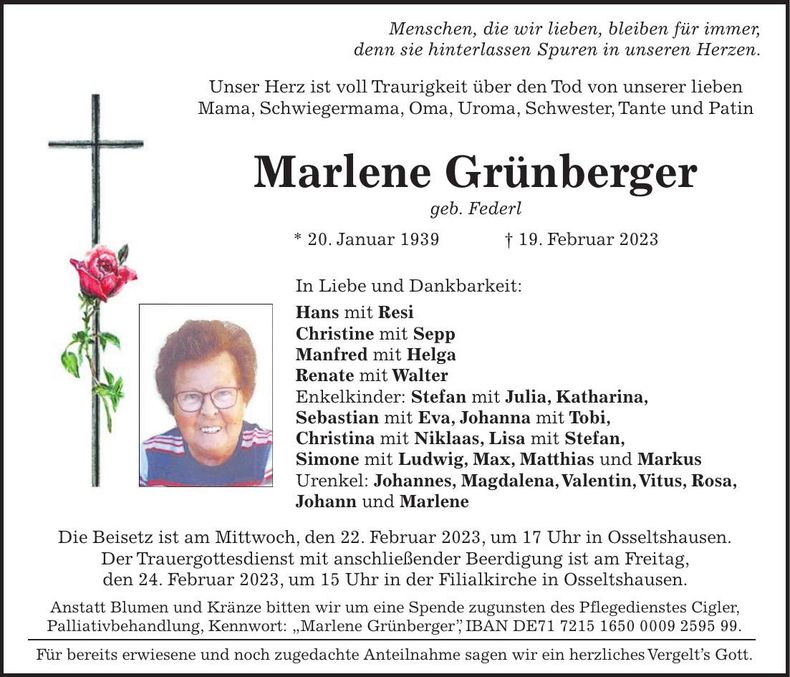 Traueranzeige Marlene Grünberger